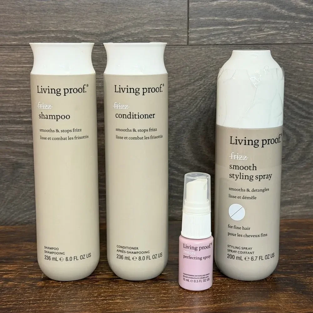 Living Proof No Frizz Shampoo Conditioner Smooth Spray Bundle + Mini, New.